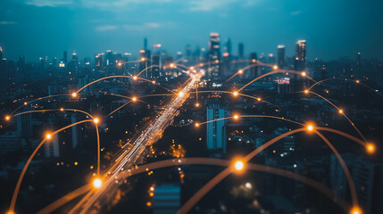 Fototapeta premium Smart digital city with connection cyber security network reciprocity over the cityscape . future smart wireless digital city and social media networking systems that connects people within the city