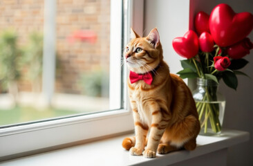 A red-haired cat in a red bow tie sits on the windowsill next to a vase with red roses and red balloons in the shape of a heart. The concept of Valentine's Day