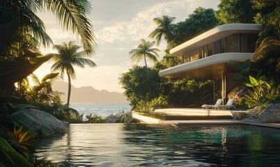 Fototapeta premium Modern Tropical Beachfront House at Sunset