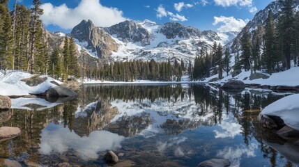 Dramatic Snow Covered Mountain Range Reflected in Calm Lake