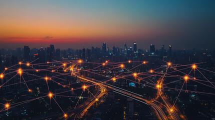 Fototapeta premium Smart digital city with connection cyber security network reciprocity over the cityscape . future smart wireless digital city and social media networking systems that connects people within the city