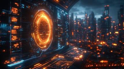 Obraz premium Futuristic control panel with city skyline backdrop.