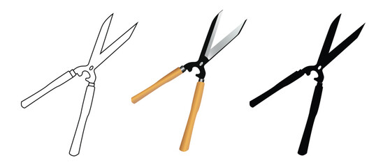 Garden shears icon for cutting grass, with 3 types: color, black and white, outline. Isolated vector sign symbol, This image is made by myself, not using AI
