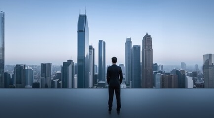 Business man standing near cityscape. The concept of business, city life and future. Business technology panorama. Businessman on future city background and futuristic skyscrapers.
