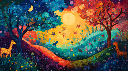 Save the Forests. A colorful painting of a vibrant forest being saved from logging, with animals cheering. Ecology, kids' painting, save forests