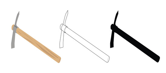 Black Vector Pickaxe Icon and color Pickaxe Icon on White Background.to learn coloring