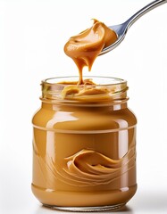 Spoonful of creamy peanut butter being lifted from a glass jar.