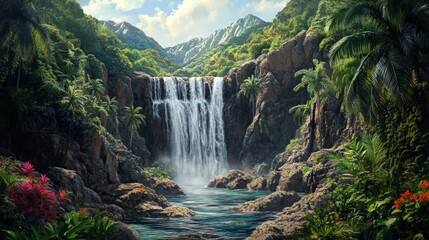 Fototapeta premium Majestic Waterfall Plunging into Lush Tropical Paradise Landscape