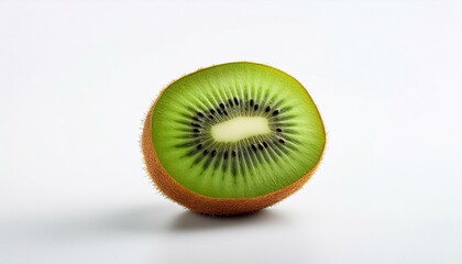A juicy kiwi fruit, sliced in half, reveals its vibrant green flesh and tiny black seeds against a bright white background.