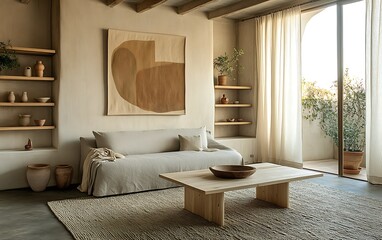 Minimalist living room with beige sofa, wooden coffee table, wall art, shelves, and plants.