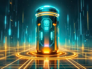 Digital Fortress with Armored Server Tower and Cyberpunk Security Aesthetics