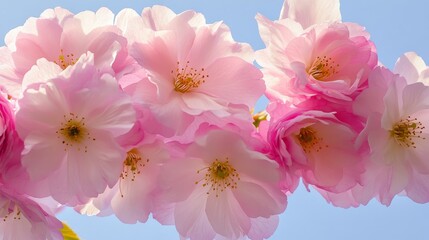 Naklejka premium A cluster of pink cherry blossoms in full bloom against a clear blue sky, low-angle shot, Springtime style