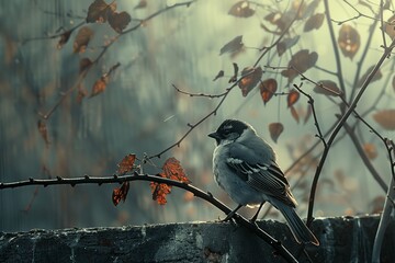 A serene sparrow perched on a branch, surrounded by soft autumn foliage and a misty background.