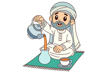 Arabian man pours the hot water into a teapot. Clipart cartoon.