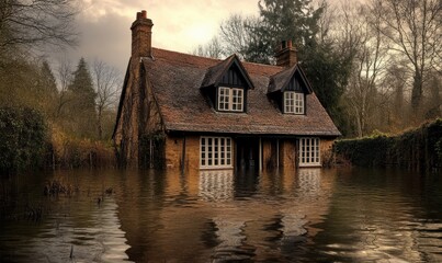 Flooded Cottage in Autumn Forest