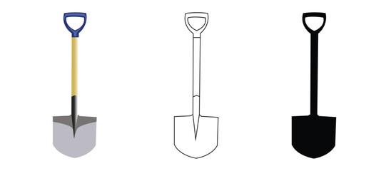 Shovel icon with 3 types: color, black and white, outline. Isolated vector sign symbol.This image is made by myself, not using AI