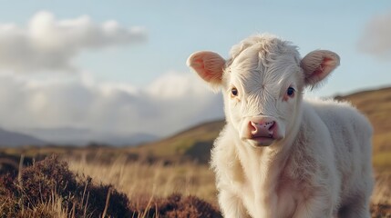 Obraz premium Adorable White Calf Stands in a Mountain Pasture