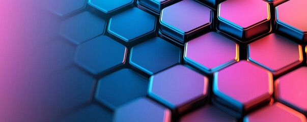 A vibrant, gradient hexagonal pattern with a blend of blue and purple hues, creating a modern, digital aesthetic.