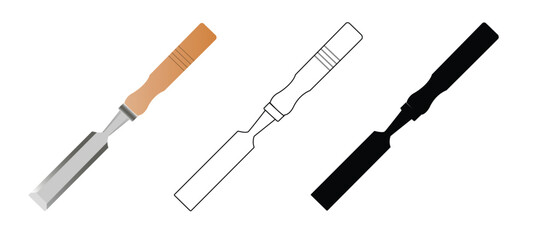Chisel icon with wooden handle,with 3 types: color, black and white, outline. Isolated vector sign symbol,