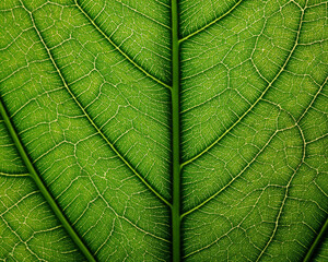 A close-up of a green leaf with complex veins and texture against a background of nature isolation.