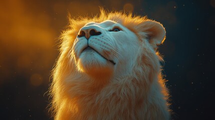 Obraz premium Majestic lion gazing upwards in soft light.