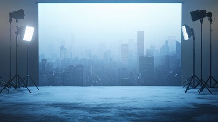 Studio Setup with Cityscape Backdrop: Professional Photography