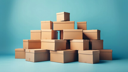 Fototapeta premium Neatly Stacked Cardboard Boxes on Blue Background