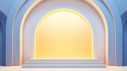 digital arched window and wooden podium e-commerce graphics poster background
