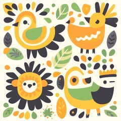 Fototapeta premium Whimsical Bird and Floral Folk Art Illustration