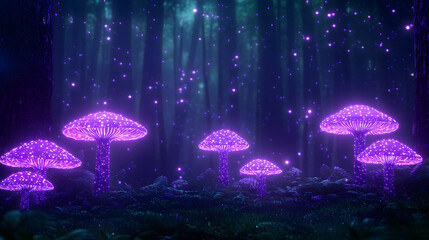 A dark fantasy forest illuminated by glowing mushrooms, creating an enchanting and mystical atmosphere, with intricate details of the surrounding foliage, evoking a sense of wonder, adventure, and mag