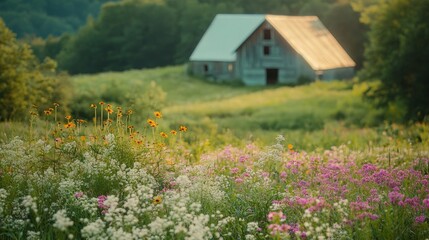 Tranquil Farmstead with Blooming Wildflowers in Nature's Embrace