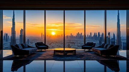 Luxury lounge with sunset view over a city skyline.