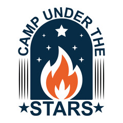 Camp Under the Stars logo with bold campfire flame and night stars. Ideal for outdoor camping, tourism, adventure, nature, hiking, wilderness, and travel themes.