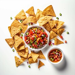 Tortilla Chips and Salsa, Isolated white background, flat lay