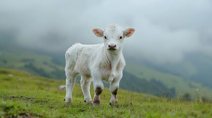 Obraz premium White Calf Standing in a Green Pasture