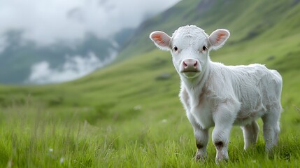 Obraz premium White Calf Standing in a Lush Green Pasture