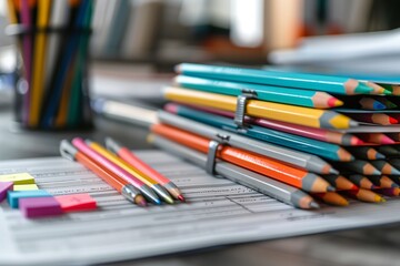 Fototapeta premium A vibrant collection of colored pencils and stationery on a workspace, perfect for creative projects and art.