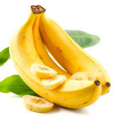 A whole banana with fresh slices and green leaves, isolated on a white background, perfect for food photography and product designs