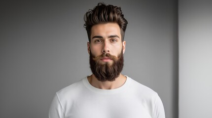 Obraz premium Fashion model with stylish hair and beard. Man with long beard and mustache on serious face. Handsome male model with beard, mustache and trendy hairdo. Beard and mustache haircut. Bearded man.