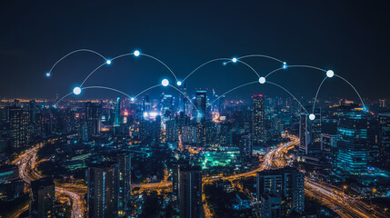 Smart digital city with connection cyber security network reciprocity over the cityscape . future smart wireless digital city and social media networking systems that connects people within the city
