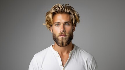 Obraz premium Fashion model with blonde hair and beard. Man with long beard and mustache on serious face. Handsome male model with beard, mustache and trendy hairdo. Beard and mustache haircut. Bearded man.