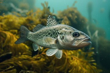 A vibrant freshwater fish swimming through lush underwater vegetation, showcasing its unique patterns and colors.