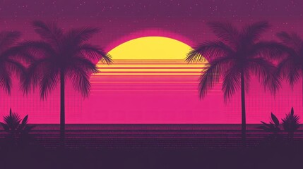 Naklejka premium Retro sunset landscape with palm trees.