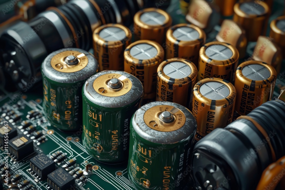 Aufkleber close-up view of electronic components on a circuit board with capacitors and resistors arranged in 