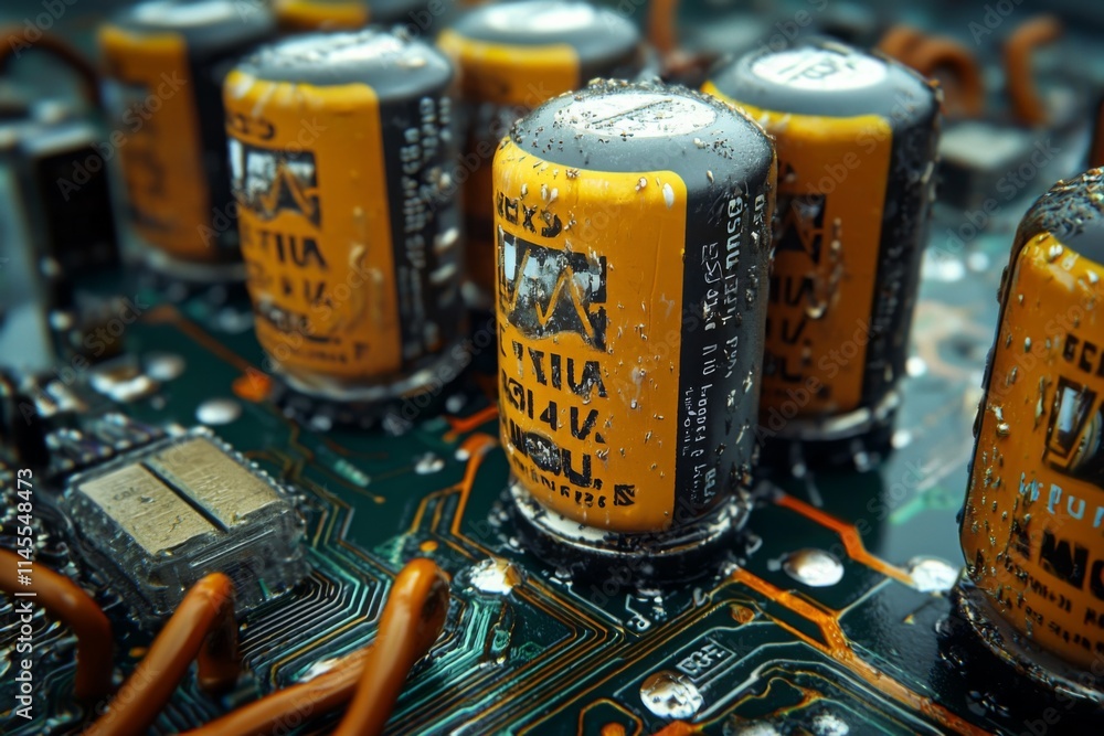 Poster close-up view of electronic circuit board with capacitors in moisture condition highlighting potenti