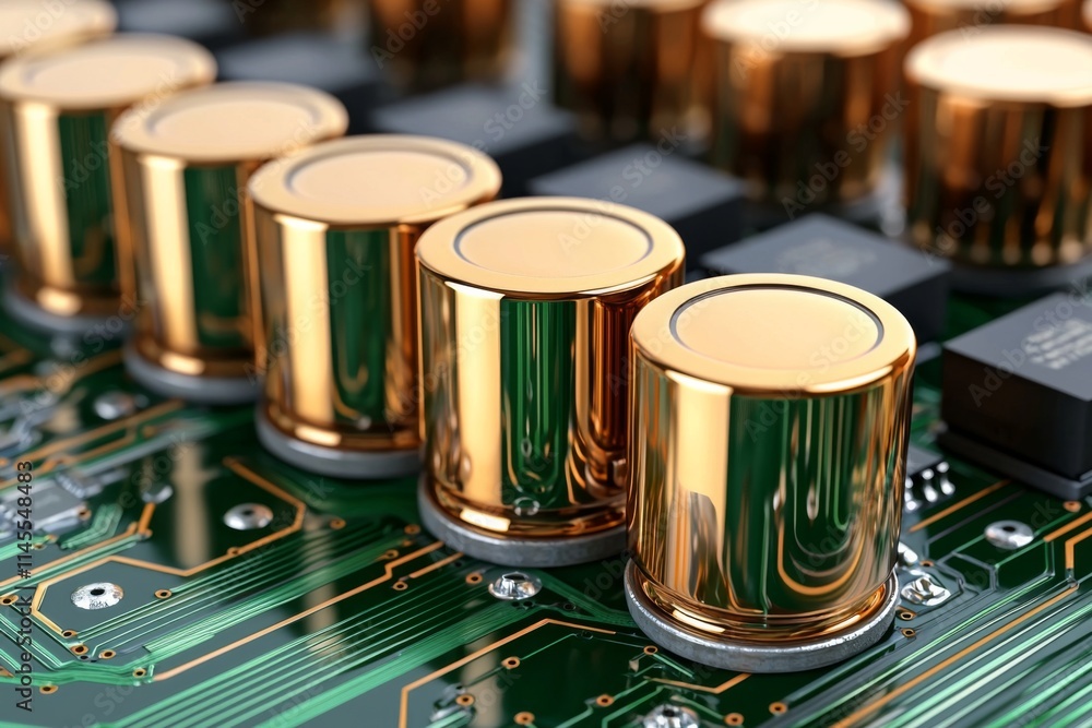 Aufkleber close-up view of electronic components with shiny capacitors and circuit board details in a modern t
