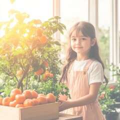 Young Girl Harvesting Oranges from Homegrown Tree