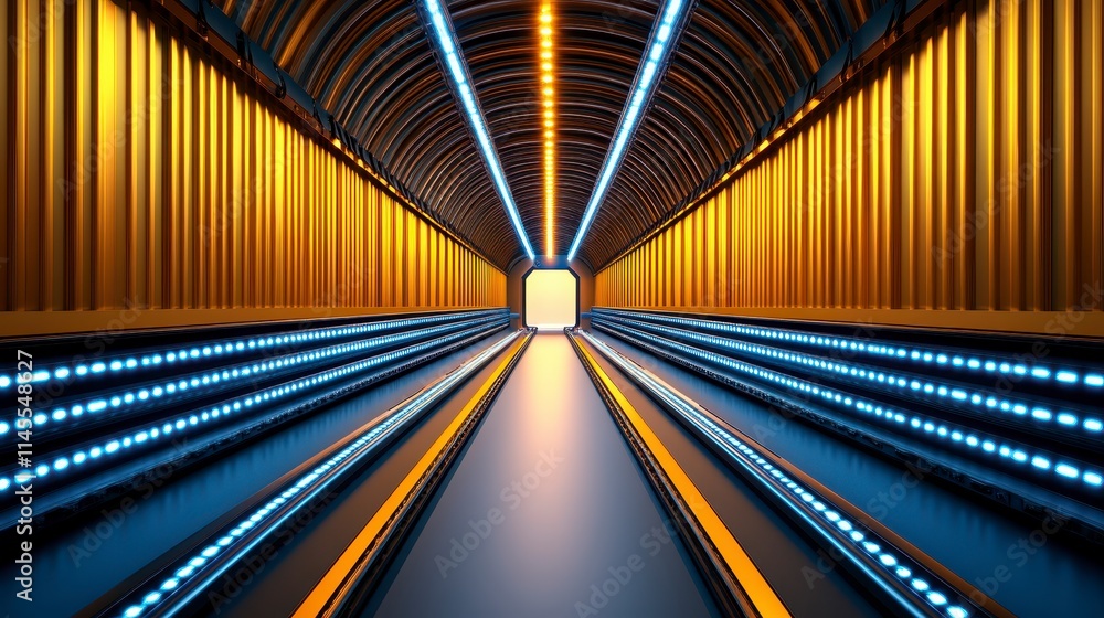 Poster a futuristic tunnel illuminated by vibrant lights, leading to a bright exit, creating a sense of dep