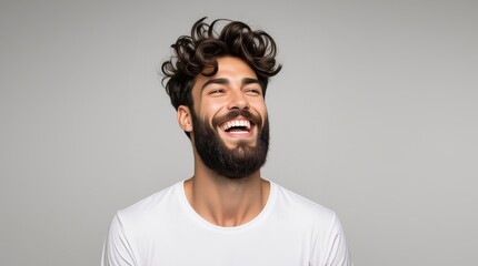 Fototapeta premium Man laughing. Happy smiling young beauty man laughing. Portrait Of Young Handsome Man Smiling. Closeup face of smiling casual man. Happy male model.