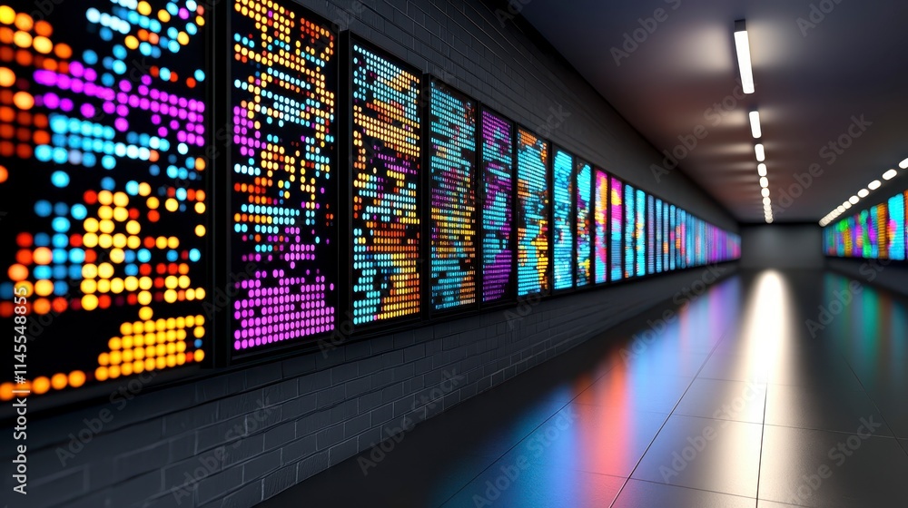 Poster a vibrant hallway features illuminated digital displays with colorful patterns, creating a futuristi